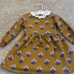 Mini Boden Brown Floral Kids Dress with White Lace Collar